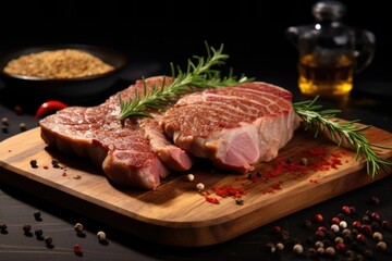 Meat steak with rosemary on a cutting board