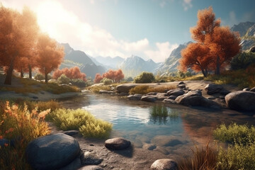 Autumn landscape with river and trees in the mountains. 3d render