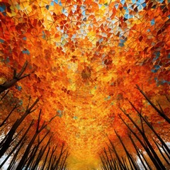 Vibrant mosaic of autumn leaves overhead in a canopy.