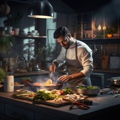 Expert chef crafts gourmet dish in stylish kitchen.