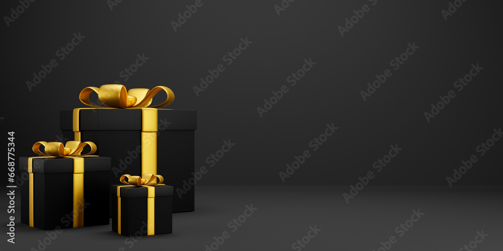 Wall mural black friday background scene with present box wrapped with golden ribbon. gift box for christmas, n