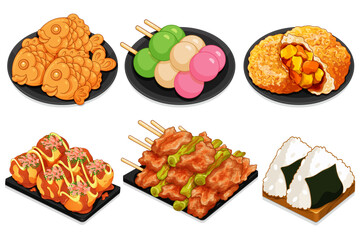 Japanese street food set menu illustration vector. (Taiyaki, Dango, Kare pan, Takoyaki, Yakitori, Onigiri sushi, Japanese curry bread, Bungeo-ppang) Japanese food drawing. Popular japanese dessert.
