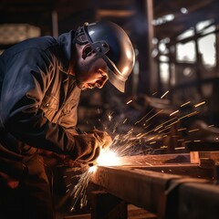 Construction worker welding steel beams up-close