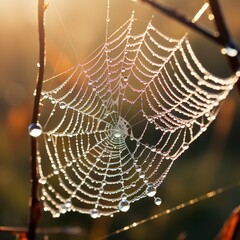 Dazzling spider web glistens in dew under morning sun's close-up.