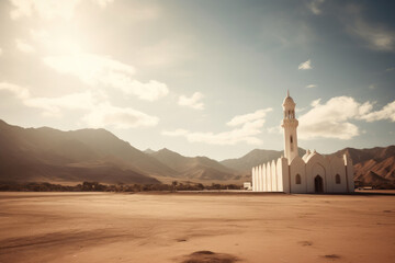 Sands of Time: Mosque Standing Tall Amidst Sun and Mountains