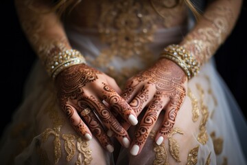 Bridal henna adornment: intricate designs applied by skilled hands in close-up - 668775561