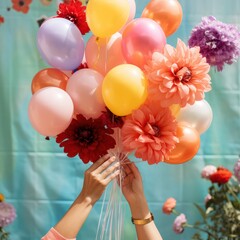 Colorful balloon bouquet arranged by hands up-close. - 668775563
