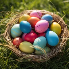 Fototapeta na wymiar Colorful Easter eggs nestled in grass basket in close-up.