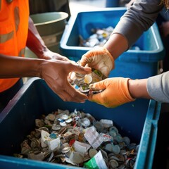 Careful Hand Sorting of Recyclables into Separate Bins: A Close-Up View