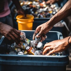 Hands meticulously sort recyclables into segregated bins. - 668775733
