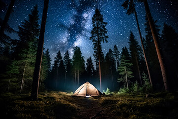 Natures Retreat A tent in the woods under a starry sky, an idyllic outdoor escape 3d illustration high quality - obrazy, fototapety, plakaty