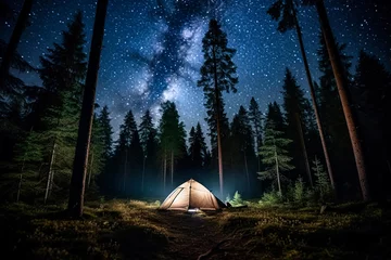 Fototapeten Natures Retreat A tent in the woods under a starry sky, an idyllic outdoor escape 3d illustration high quality © Людмила Мазур
