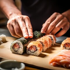 Expertly shaped sushi rolls, handcrafted in a traditional Japanese kitchen.