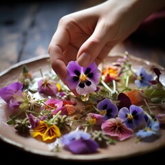 Delicate edible flowers artfully arranged on plate by close-up hands. - 668775781