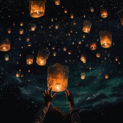 Hands release paper lanterns into night sky in intimate close-up. - 668775952