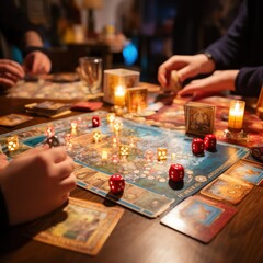 Cozy family night: Hands playing board game up close.