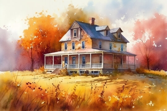 Watercolor painting of an old wooden house in the autumn forest.
