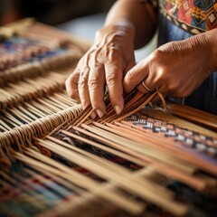 Hands intricately weave on a loom in close-up view. - 668776102