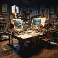 An artist's creative workspace complete with tools and works in progress.
