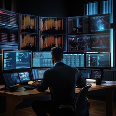 Financial analyst analyzing data on several screens. - 668776194