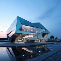 Naklejka premium Modern structure boasting polished angles & reflective glass exterior.
