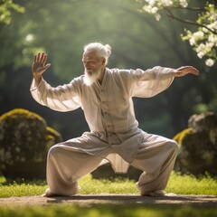 Peaceful moment with Tai Chi practice. - obrazy, fototapety, plakaty