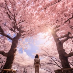 Mesmerizing view of cherry blossom trees in full bloom, person staring in awe.
