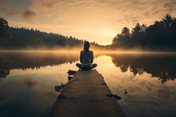 Individual peacefully reflects by serene lake
