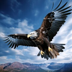 Eagle's Majestic Flight: Mightily Ascending Blue Skies.