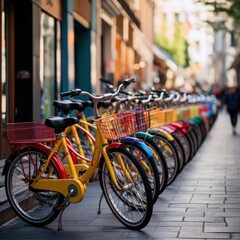 Fototapeta na wymiar Colorful bikes line busy city street in vibrant display.