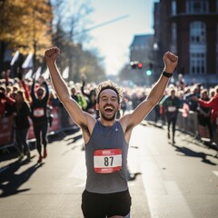 Marathon runner triumphantly crosses finish line, arms raised in victory. - 668776549