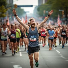Marathon runner triumphantly crosses finish line with arms raised.