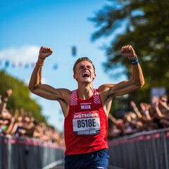 Runner triumphantly crosses finish line with raised arms. - 668776581