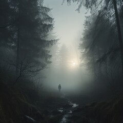 A lone figure, silhouetted against a misty forest expanse. - 668776725