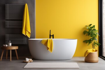 Yellow terry towel hanging on the battery and on the bathroom, bathroom interior - obrazy, fototapety, plakaty
