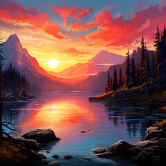 Fototapeta na wymiar Serene lake gleams with vibrant sunrise.