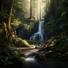 Graceful waterfall shines in secret forest glade.