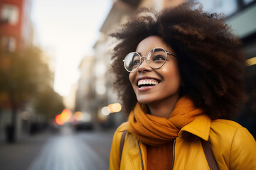 Retrato de una joven con gafas y un abrigo amarillo caminando por la calle