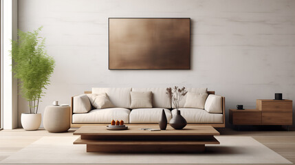 Mockup, modern living room made of wooden furniture with table, couch, chairs, canvas and futuristic decoration | Generative AI