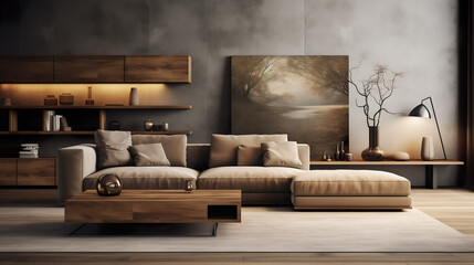Mockup, modern living room made of wooden furniture with table, couch, chairs, canvas and futuristic decoration