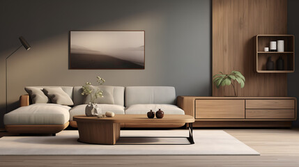 Mockup, modern living room made of wooden furniture with table, couch, chairs, canvas and futuristic decoration | Generative AI