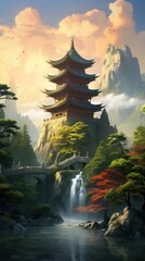 Tranquil Landscape: Ancient Asian Temple - 668777558