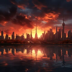 Fototapeta na wymiar Stunning sunset illuminates iconic cityscape