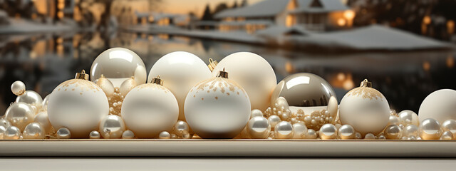 Happy New Year and Christmas holiday concept. beautiful white New Year decorations on blurred...
