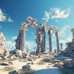 Ruins rise against azure sky, timeless.