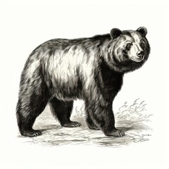 1800s-style Andean bear engraving on white background, vintage illustration.