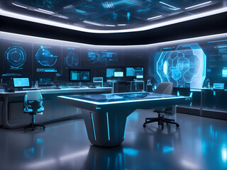 A Futuristic Lab with Advanced Hologram Computers.
