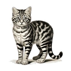 Vintage-style Engraved Illustration of Black-Footed Cat on White Background, reminiscent of 1800s - 668777922