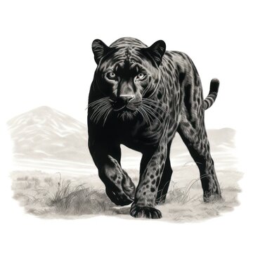 White background with vintage black jaguar engraving in 1800s style illustration.