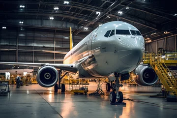 Fototapeten Maintenance of aircraft in hangar. Checking system and replacement of spare parts for safe flights © Lazy_Bear